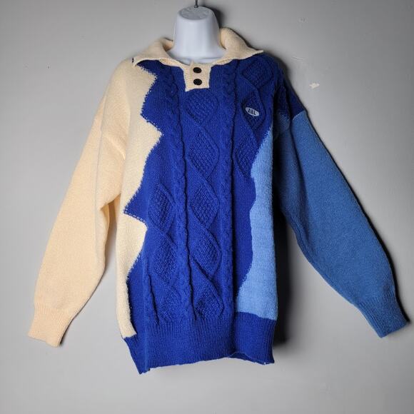 Aelfric Eden Colorblock Sweater Men's XL Blue Cream Chunky Knit Indie Streetwear - Picture 1 of 10